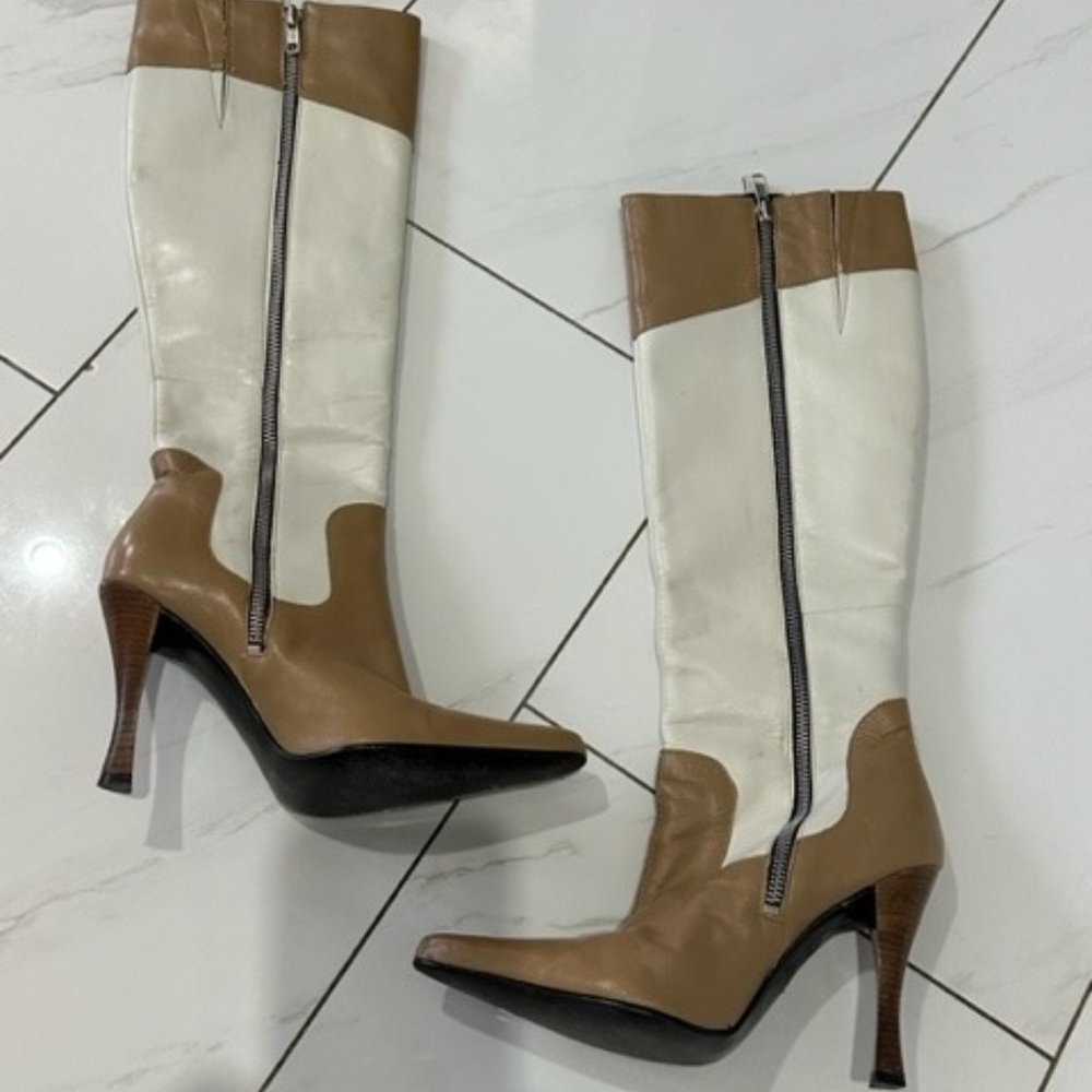 LDO Knee-High 2-Tone Leather Boots – Pointed Toe | Heeled | Size 37
